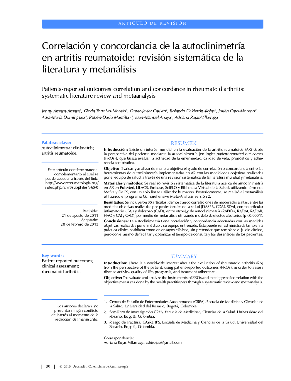 Correlación y concordancia de la autoclinimetría en artritis reumatoide: revisión sistemática de la literatura y metanálisis