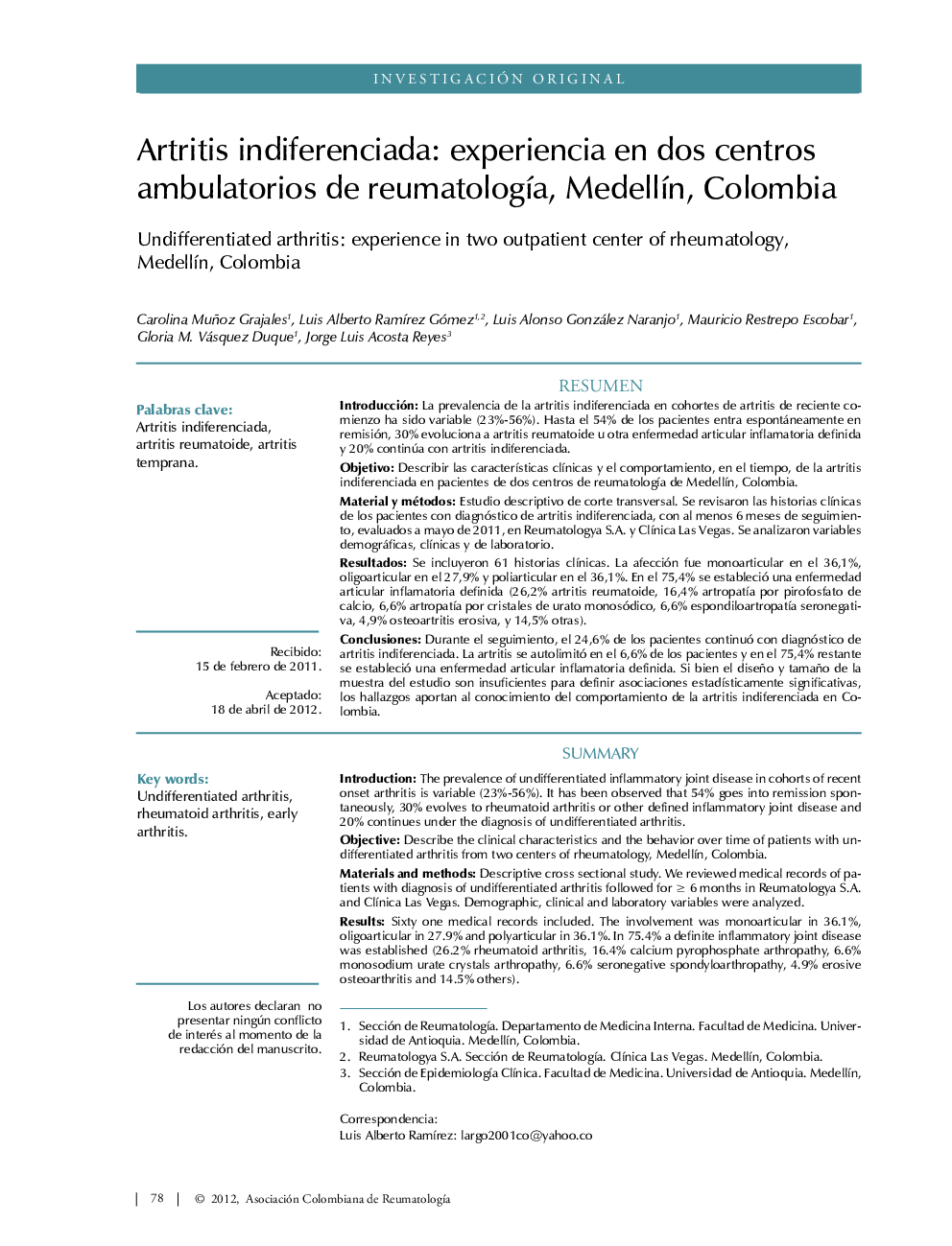 Artritis indiferenciada: experiencia en dos centros ambulatorios de reumatologÃ­a, MedellÃ­n, Colombia