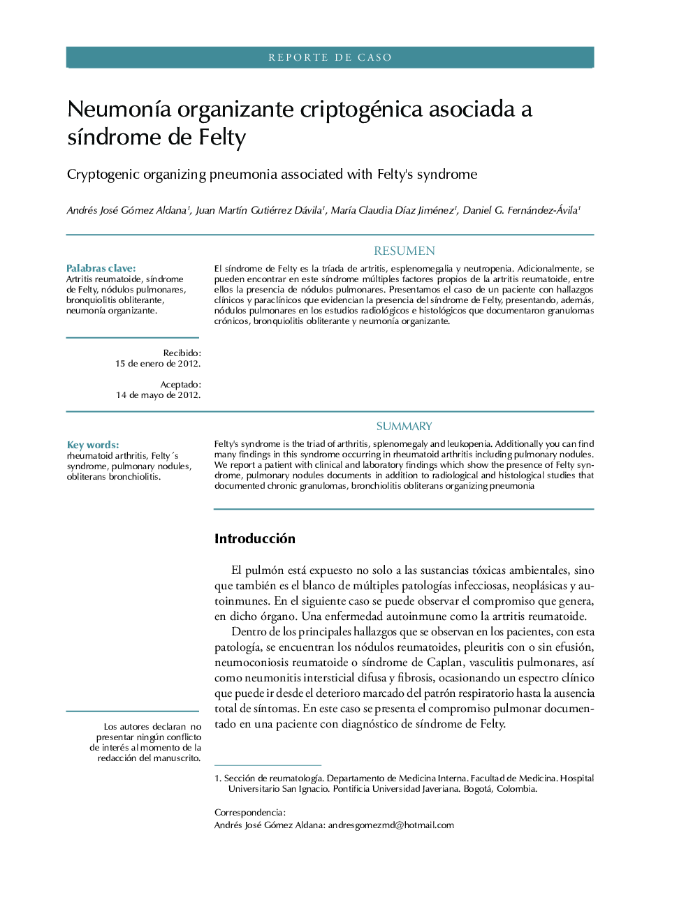 NeumonÃ­a organizante criptogénica asociada a sÃ­ndrome de Felty