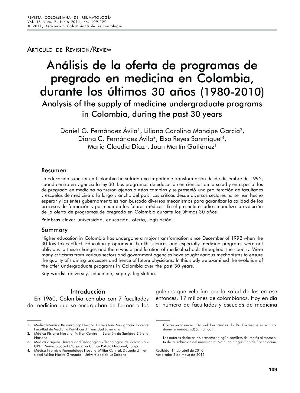 Análisis de la oferta de programas de pregrado en medicina en Colombia, durante los últimos 30 años (1980-2010)