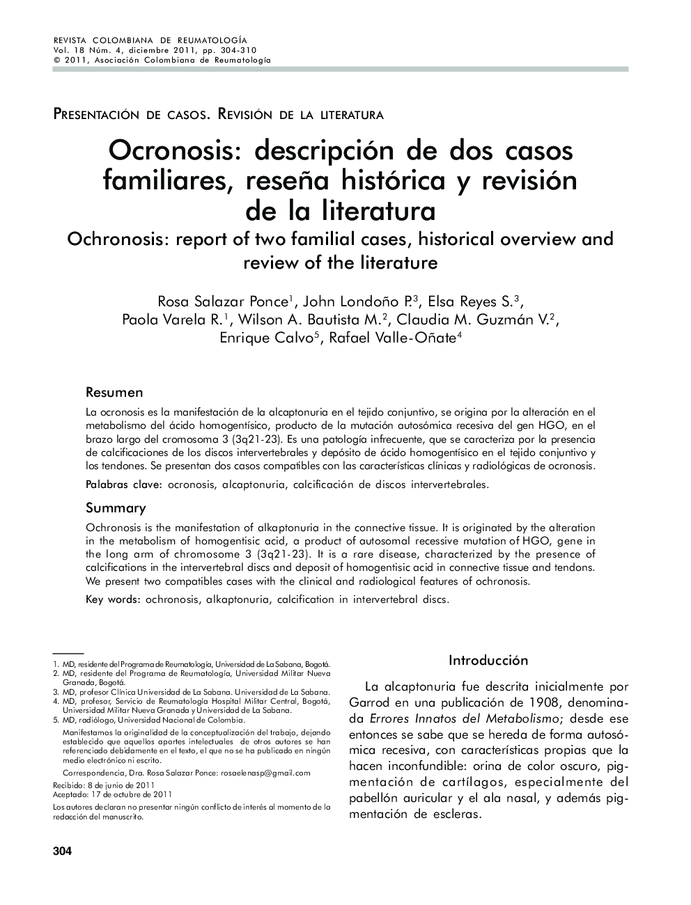 Ocronosis: descripción de dos casos familiares, reseña histórica y revisión de la literatura