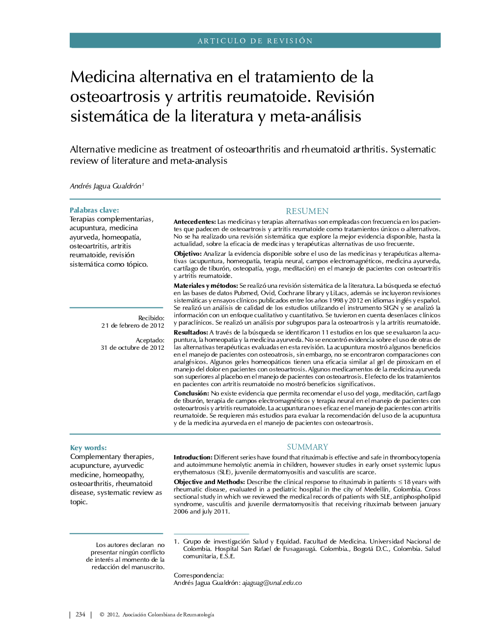 Medicina alternativa en el tratamiento de la osteoartrosis y artritis reumatoide. Revisión sistemática de la literatura y meta-análisis