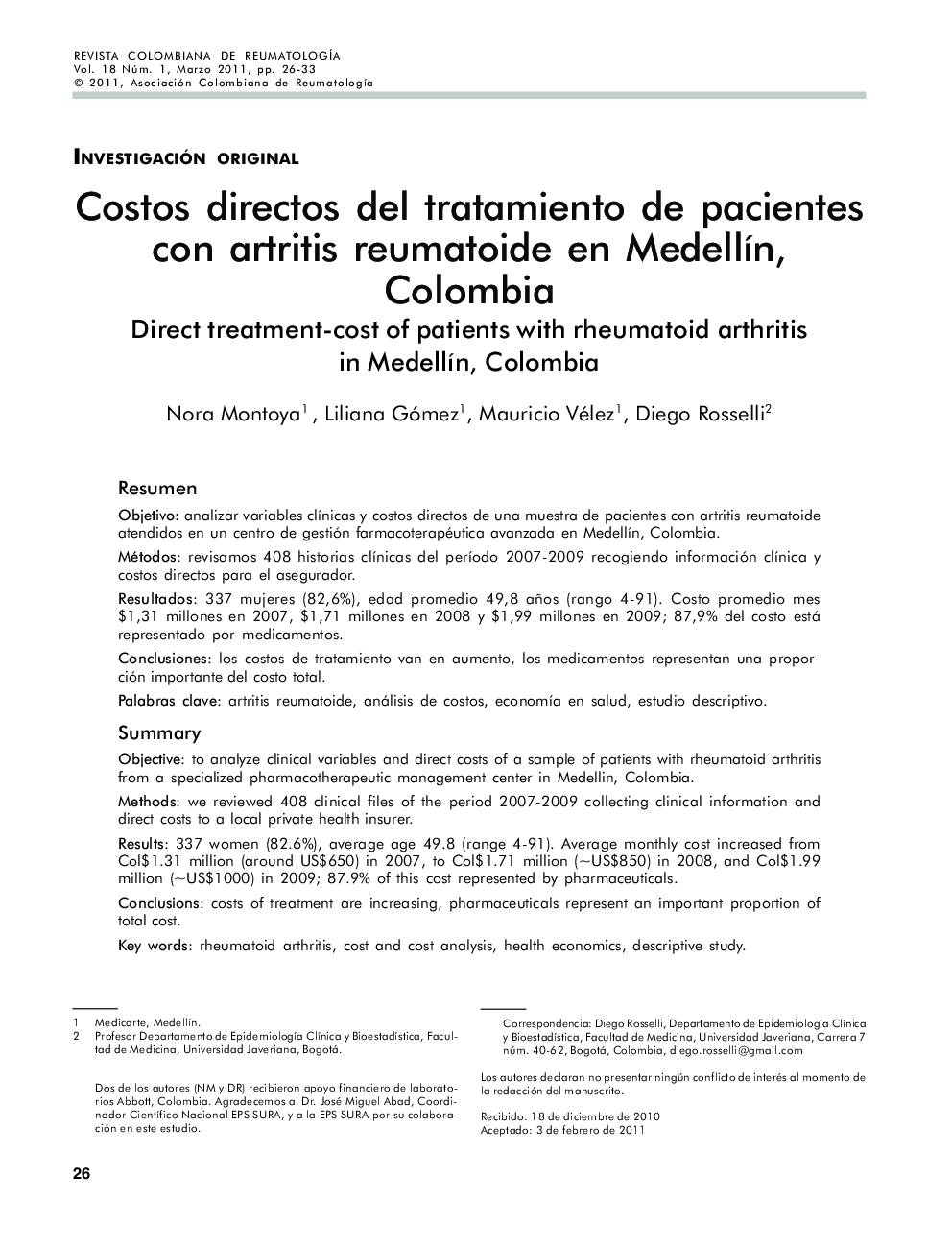 Costos directos del tratamiento de pacientes con artritis reumatoide en MedellÃ­n, Colombia