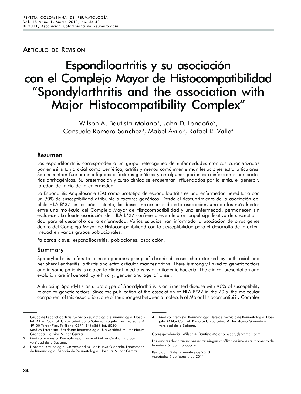 Espondiloartritis y su asociación con el Complejo Mayor de Histocompatibilidad “Spondylarthritis and the association with Major Histocompatibility Complex”