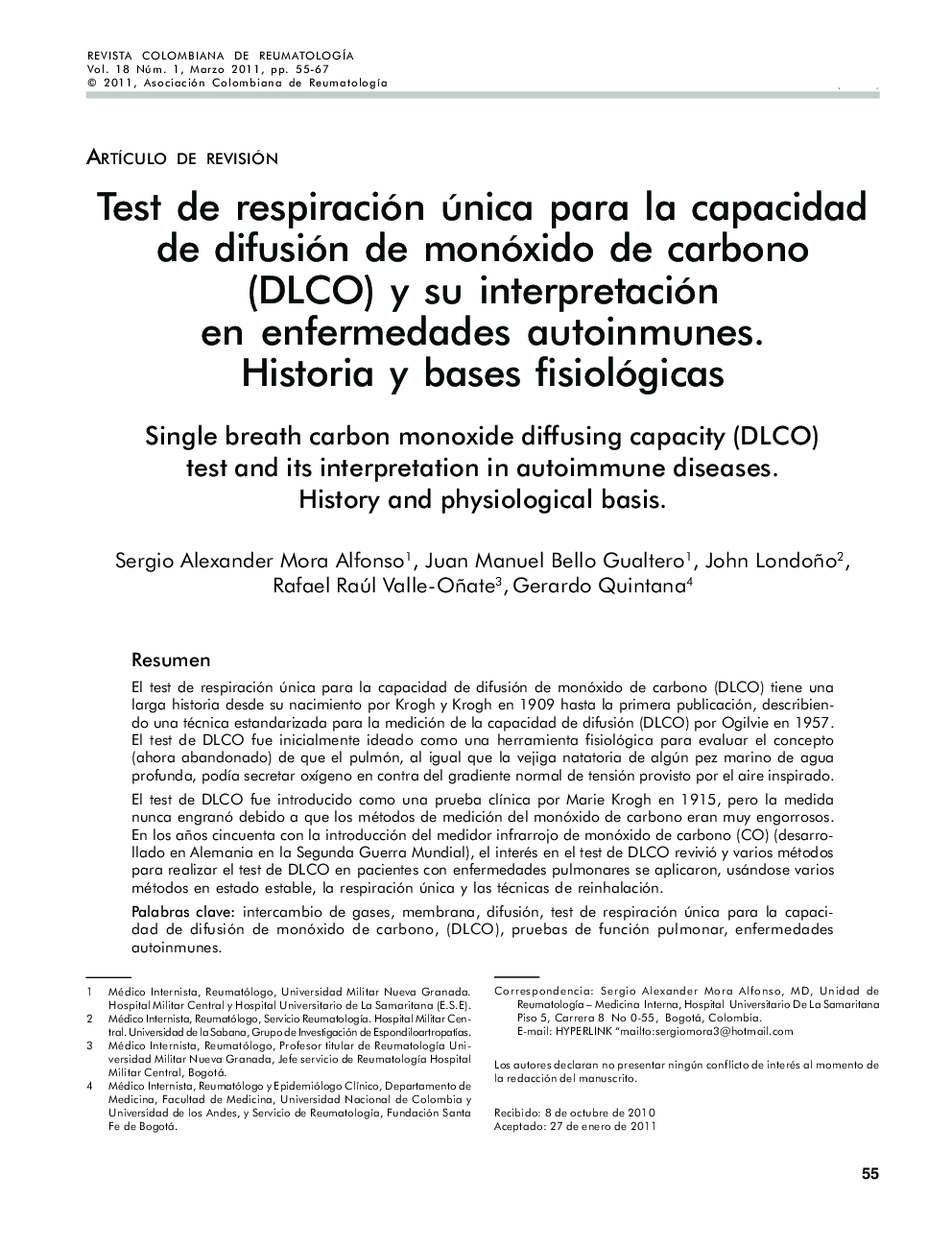 Test de respiración única para la capacidad de difusión de monóxido de carbono (DLCO) y su interpretación en enfermedades autoinmunes. Historia y bases fisiológicas