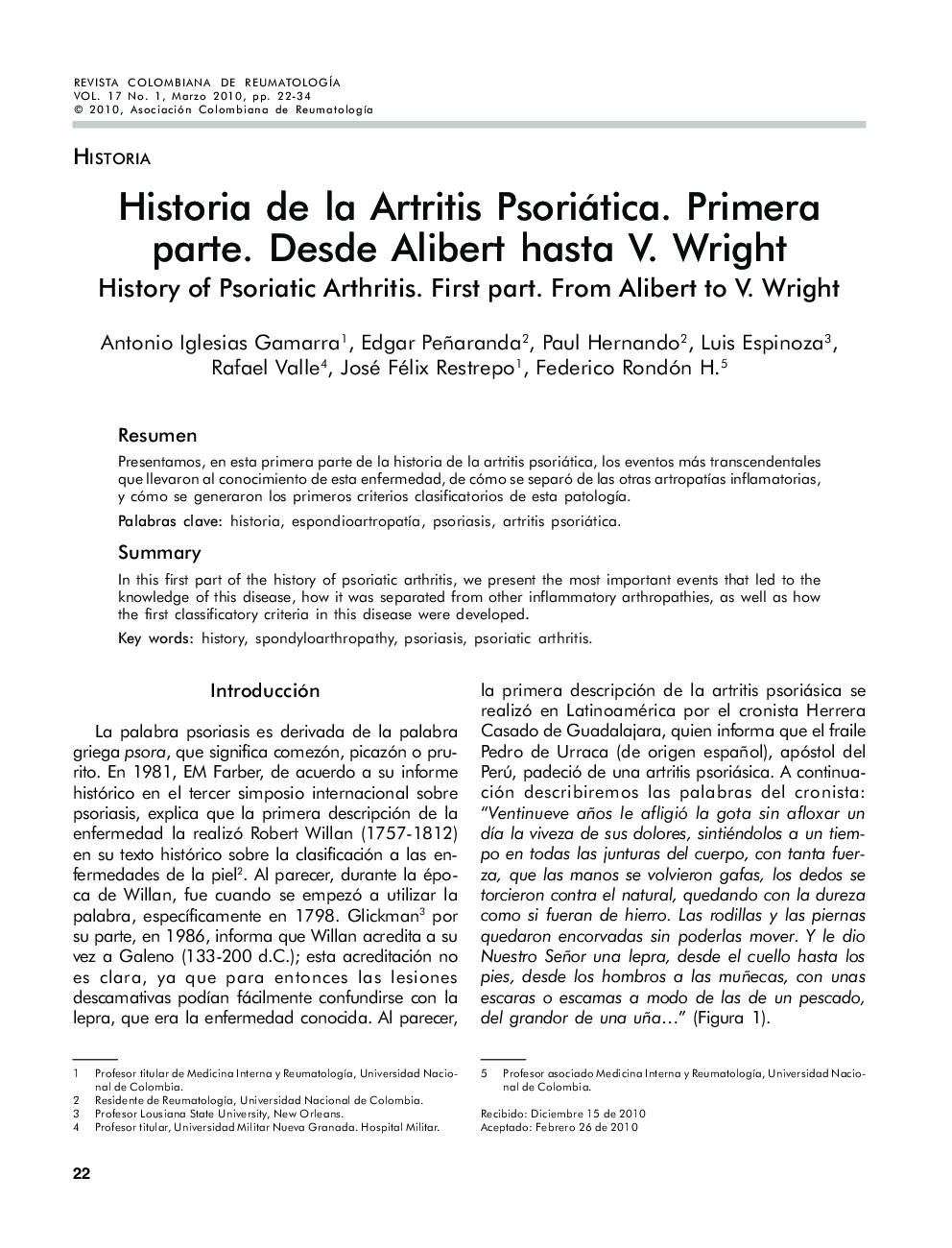 Historia de la Artritis Psoriática. Primera parte. Desde Alibert hasta V. Wright