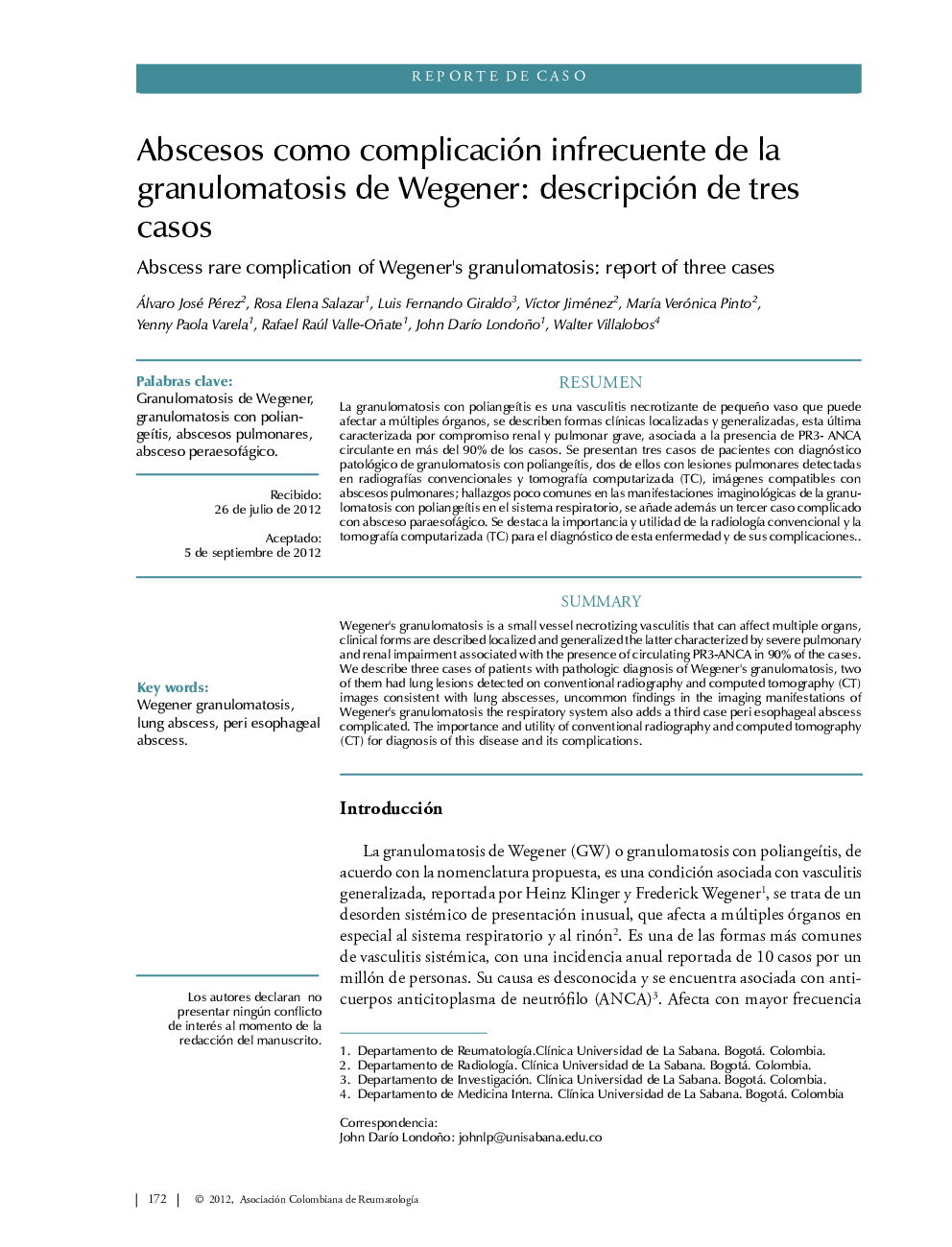 Abscesos como complicación infrecuente de la granulomatosis de Wegener: descripción de tres casos