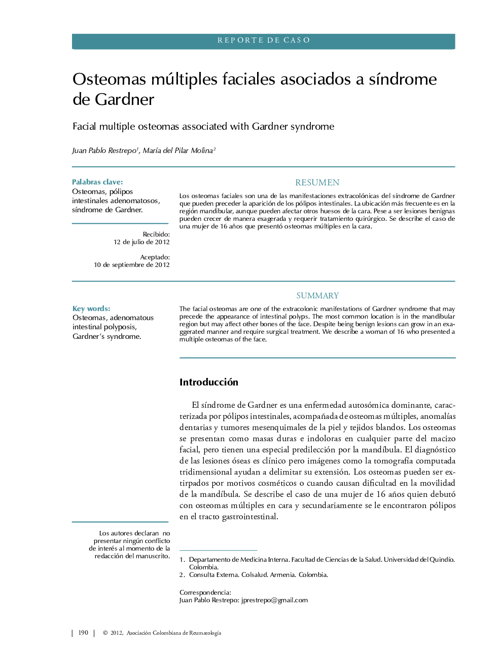 Osteomas múltiples faciales asociados a sÃ­ndrome de Gardner