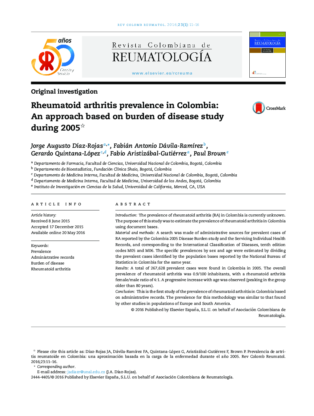 Rheumatoid arthritis prevalence in Colombia: An approach based on burden of disease study during 2005