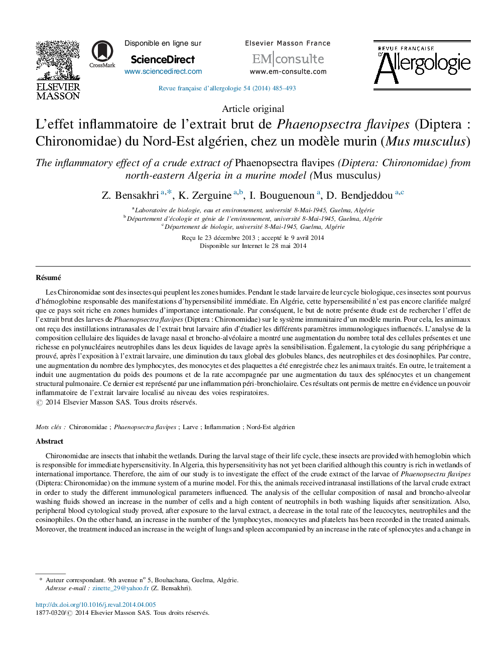 L’effet inflammatoire de l’extrait brut de Phaenopsectra flavipes (Diptera : Chironomidae) du Nord-Est algérien, chez un modèle murin (Mus musculus)