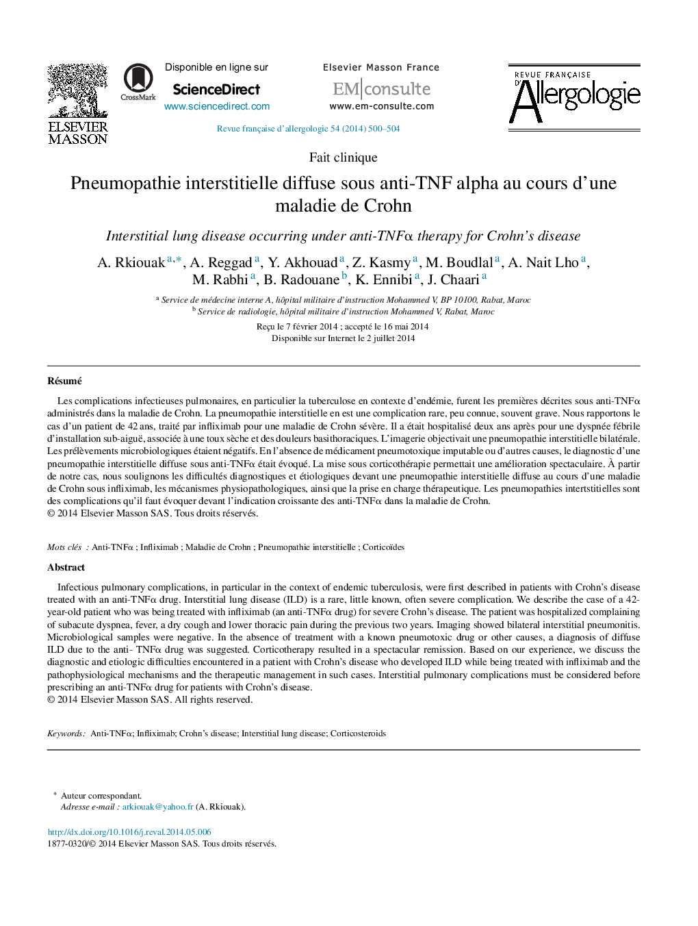 Pneumopathie interstitielle diffuse sous anti-TNF alpha au cours d’une maladie de Crohn