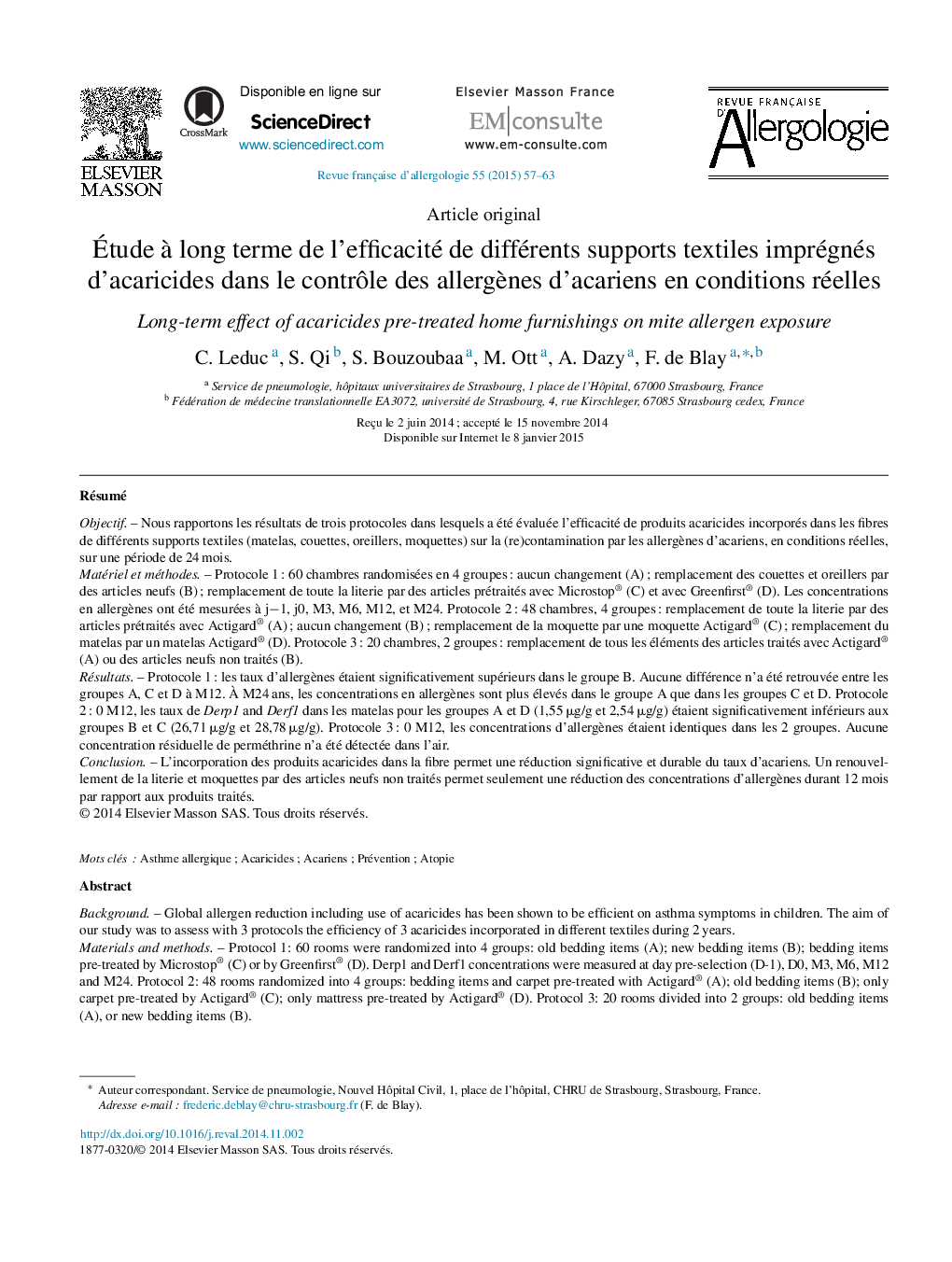 Étude à long terme de l’efficacité de différents supports textiles imprégnés d’acaricides dans le contrôle des allergènes d’acariens en conditions réelles