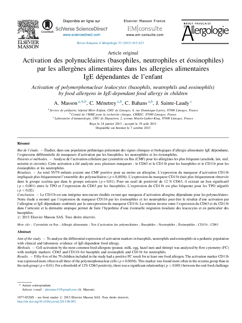 Activation des polynucléaires (basophiles, neutrophiles et éosinophiles) par les allergènes alimentaires dans les allergies alimentaires IgE dépendantes de l’enfant