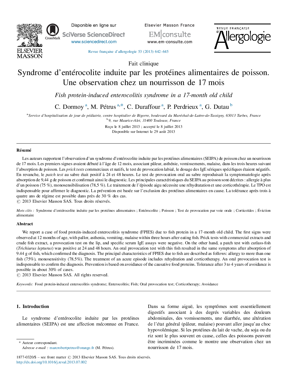 Syndrome d’entérocolite induite par les protéines alimentaires de poisson. Une observation chez un nourrisson de 17 mois