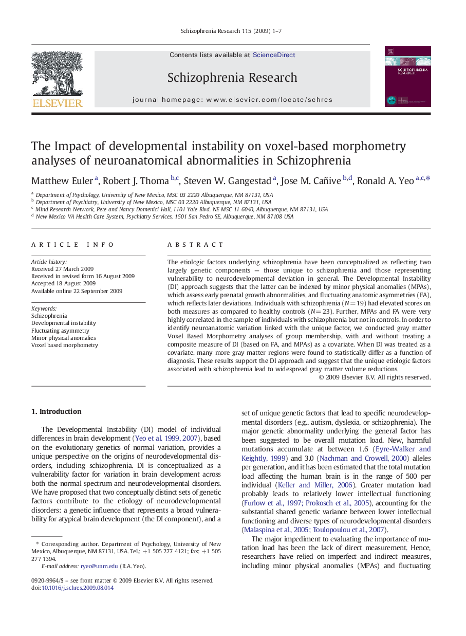 The Impact of developmental instability on voxel-based morphometry analyses of neuroanatomical abnormalities in Schizophrenia