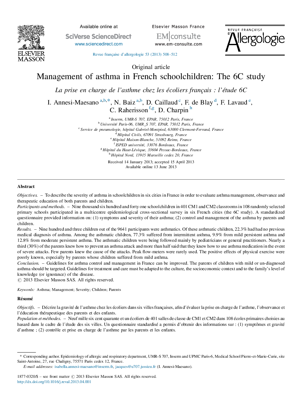 Management of asthma in French schoolchildren: The 6C study