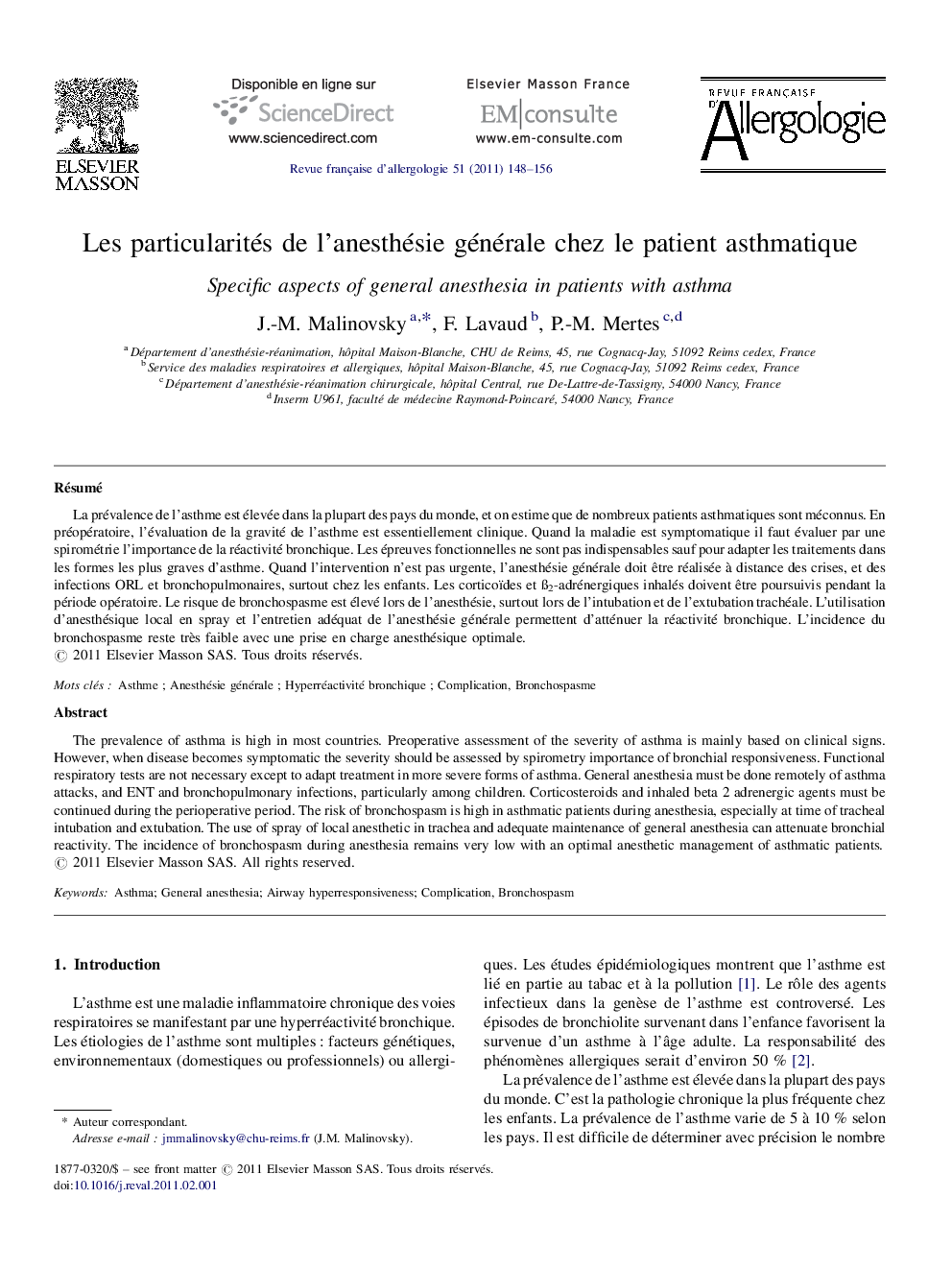 Les particularités de l'anesthésie générale chez le patient asthmatique