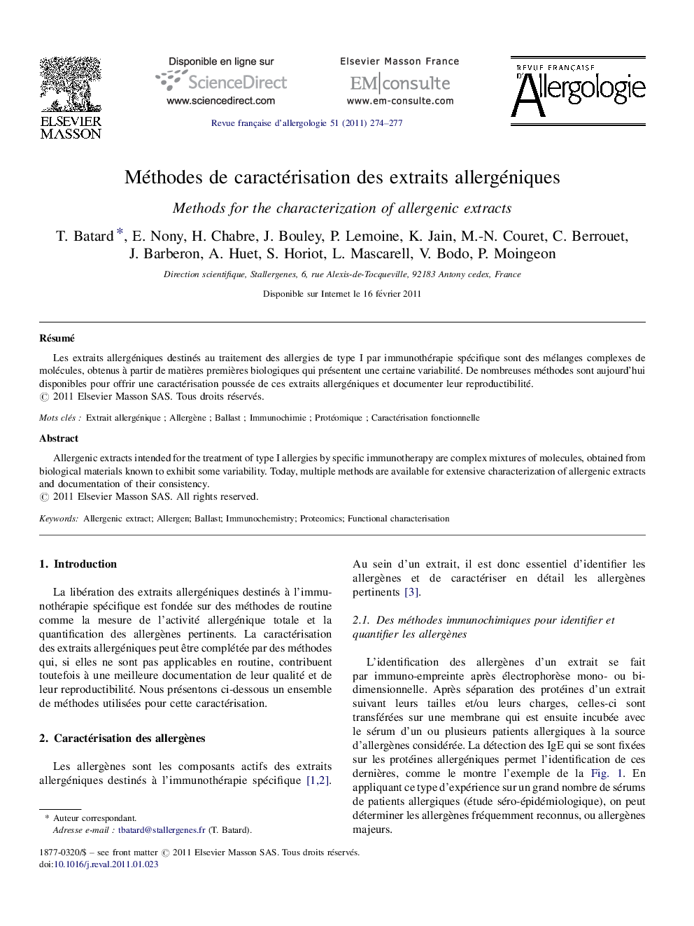 Méthodes de caractérisation des extraits allergéniques