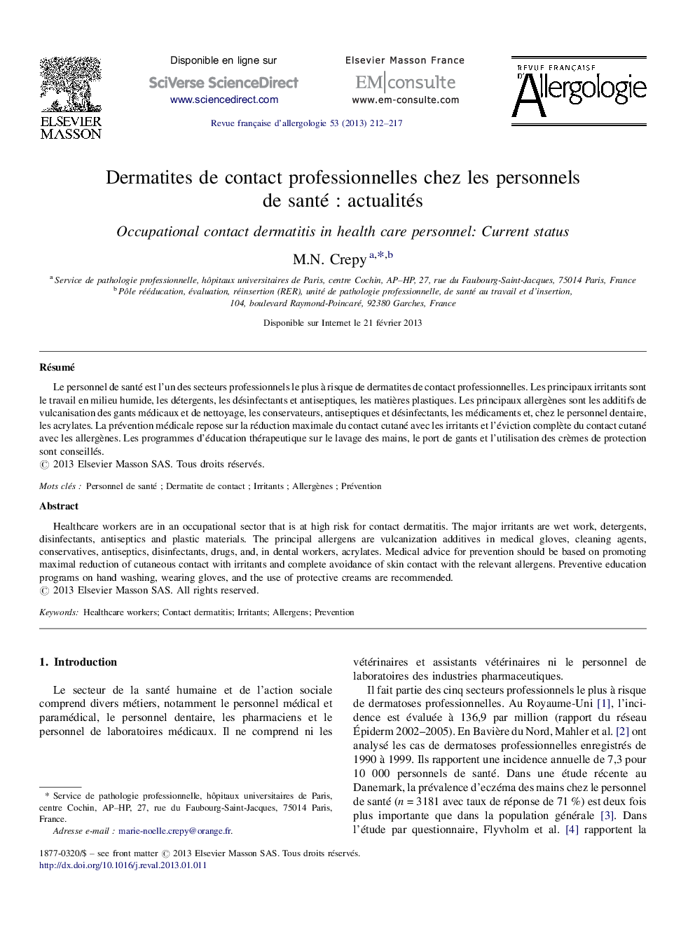 Dermatites de contact professionnelles chez les personnels de santé : actualités