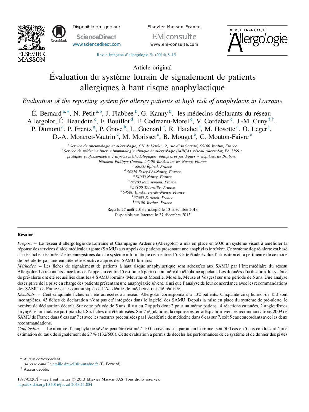 Évaluation du système lorrain de signalement de patients allergiques à haut risque anaphylactique