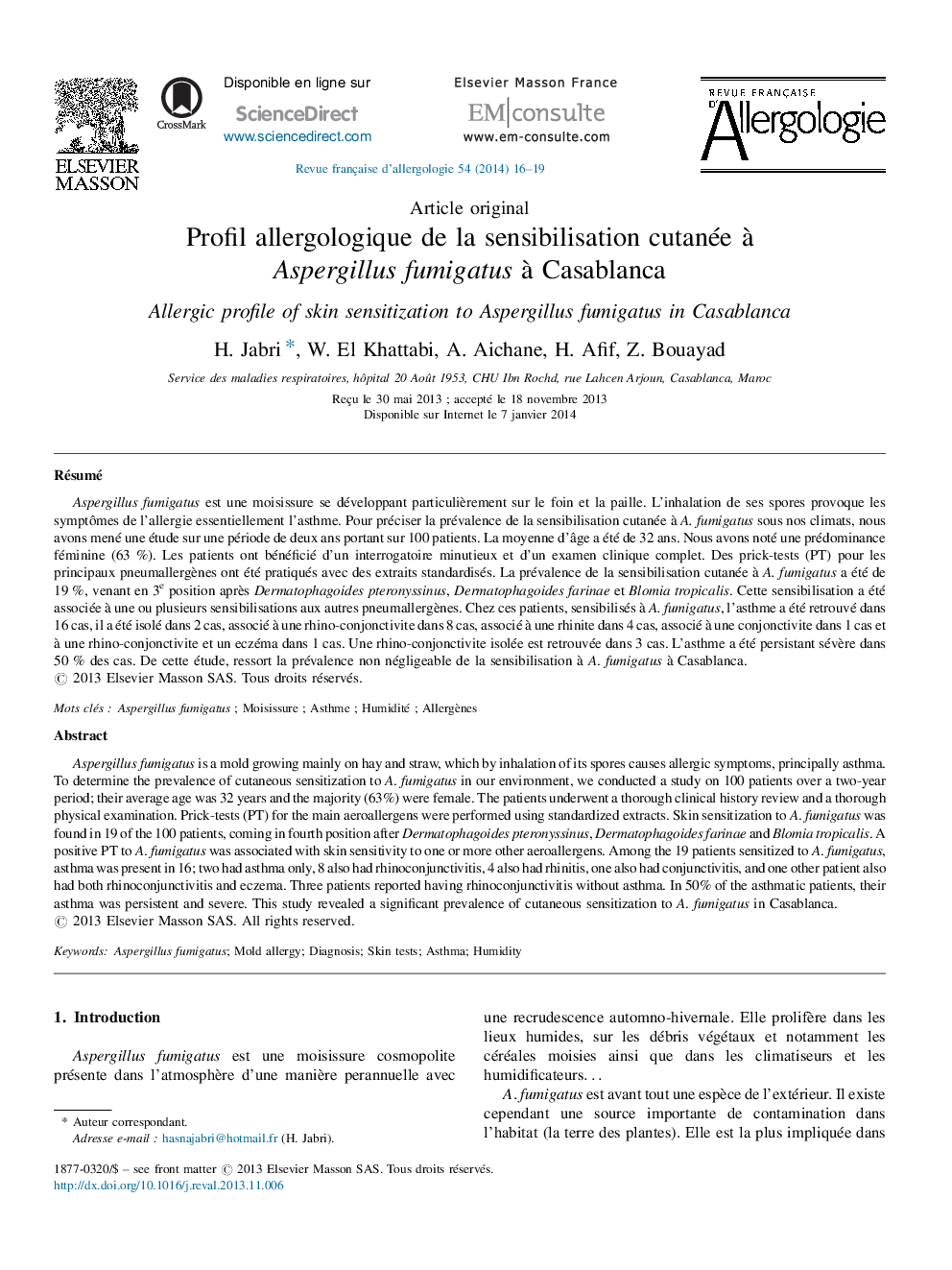 Profil allergologique de la sensibilisation cutanée à Aspergillus fumigatus à Casablanca