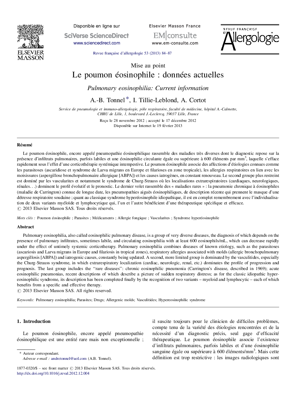 Le poumon éosinophile : données actuelles