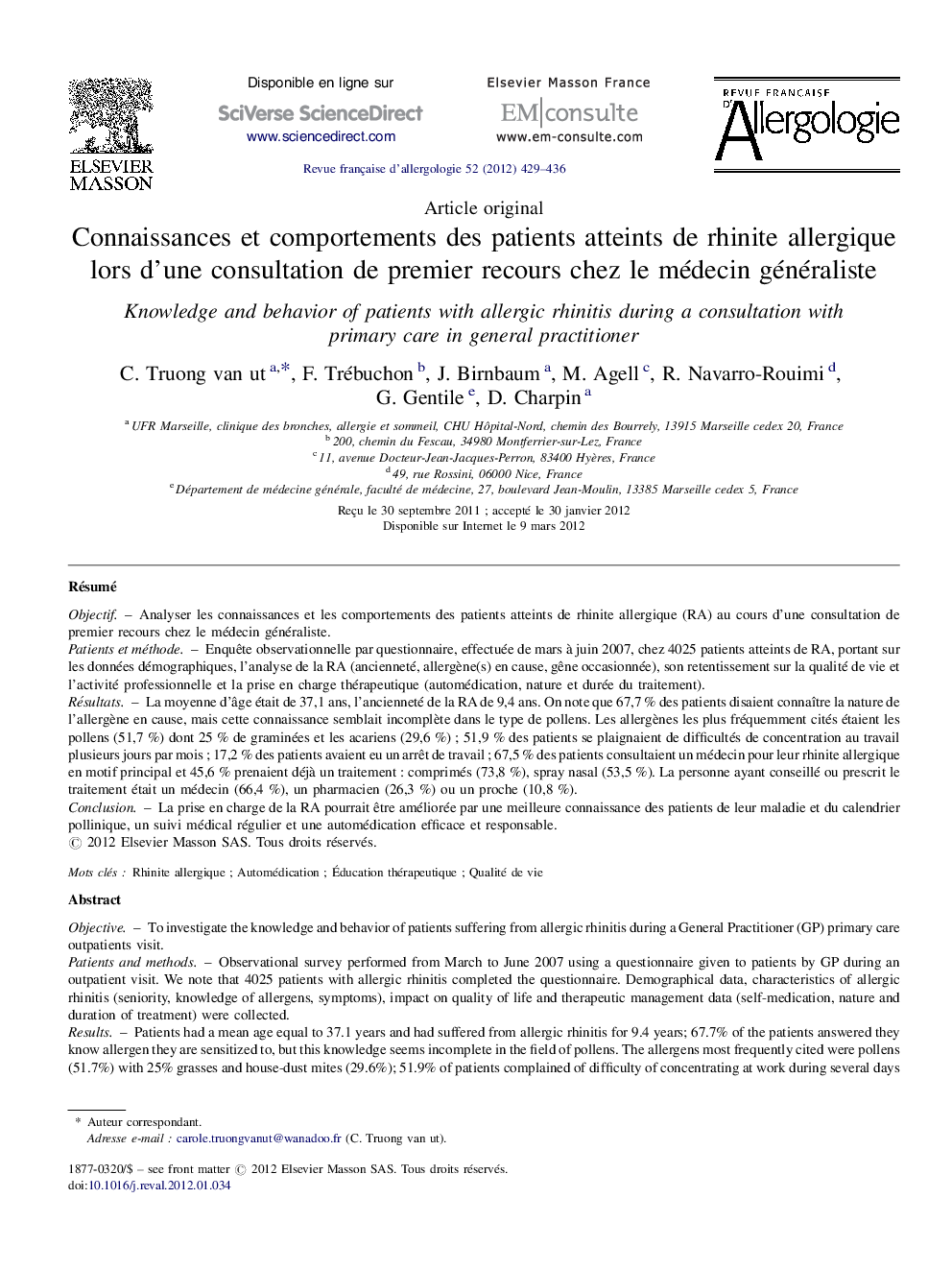 Connaissances et comportements des patients atteints de rhinite allergique lors d’une consultation de premier recours chez le médecin généraliste