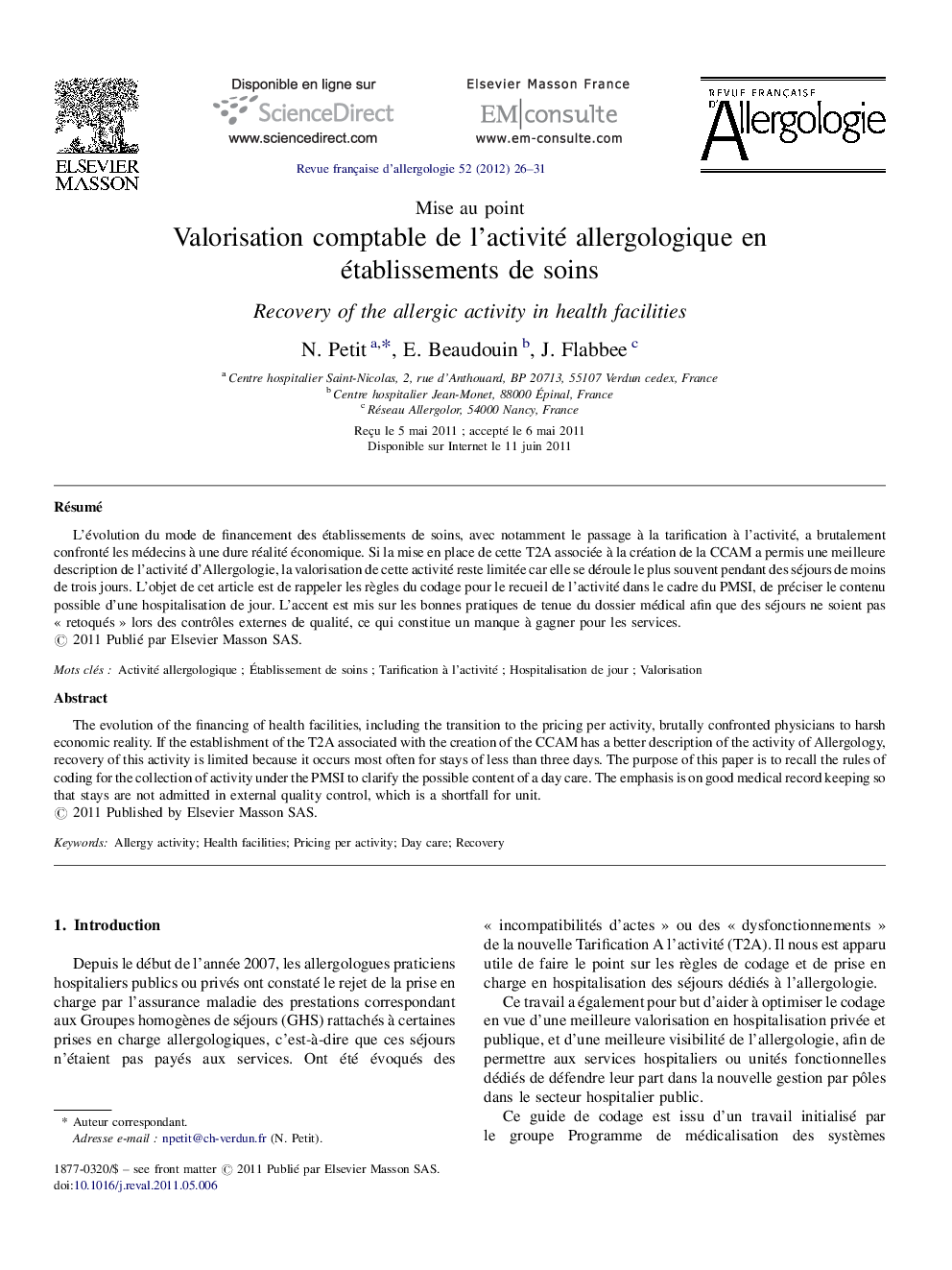 Valorisation comptable de l’activité allergologique en établissements de soins