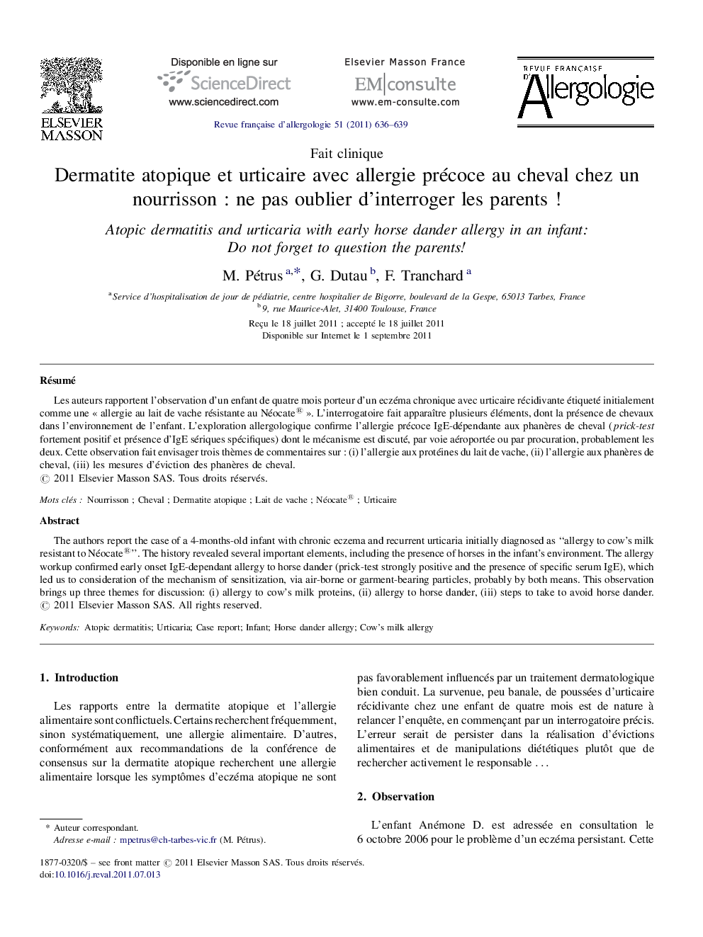 Dermatite atopique et urticaire avec allergie précoce au cheval chez un nourrisson : ne pas oublier d’interroger les parents !