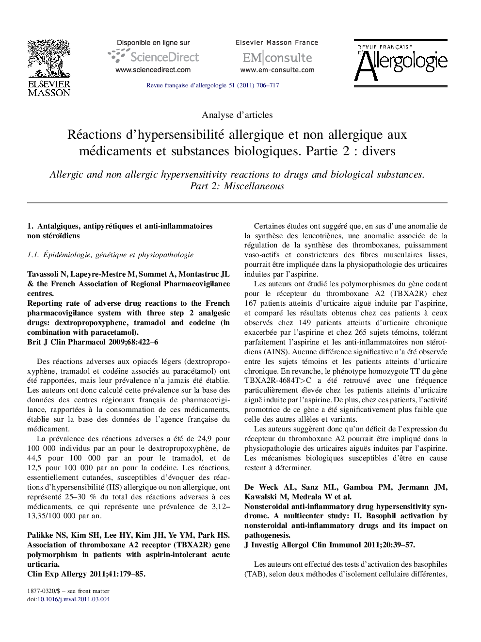 عکس صفحه اول مقاله: Réactions d'hypersensibilité allergique et non allergique aux médicaments et substances biologiques. Partie 2Â : divers Réactions d'hypersensibilité allergique et non allergique aux médicaments et substances biologiques. Partie 2Â : divers