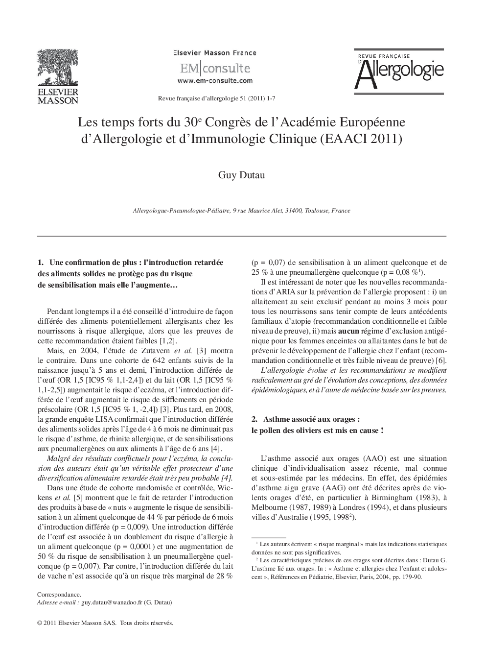 Les temps forts du 30e CongrÃ¨s de l'Académie Européenne d'Allergologie et d'Immunologie Clinique (EAACI 2011)