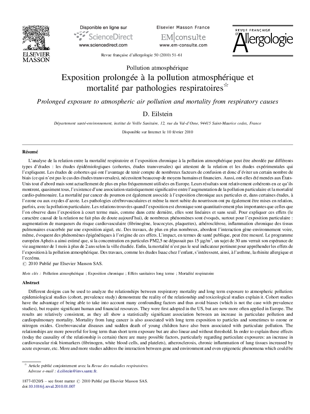 Exposition prolongée à la pollution atmosphérique et mortalité par pathologies respiratoires 