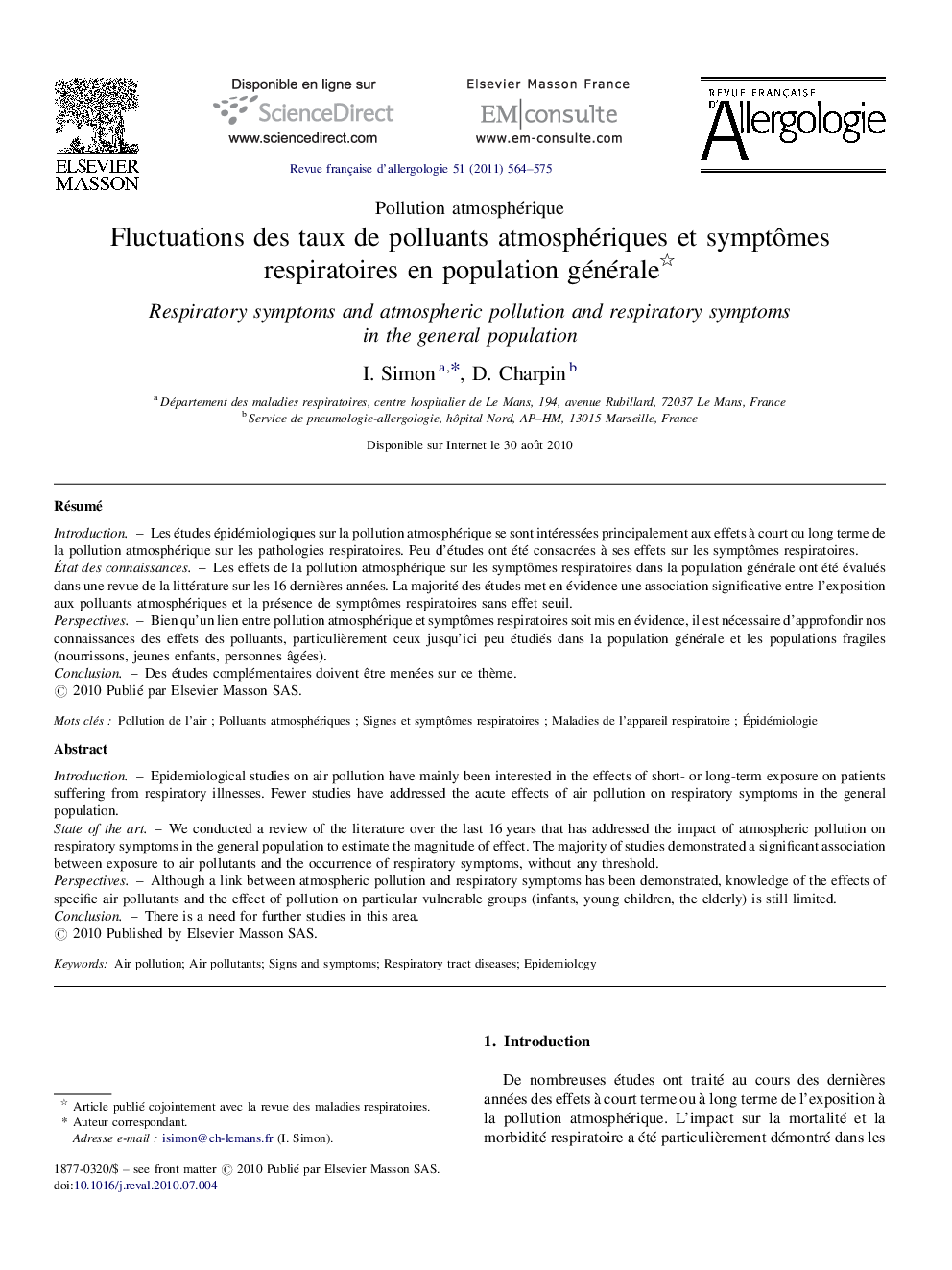 Fluctuations des taux de polluants atmosphériques et symptômes respiratoires en population générale 