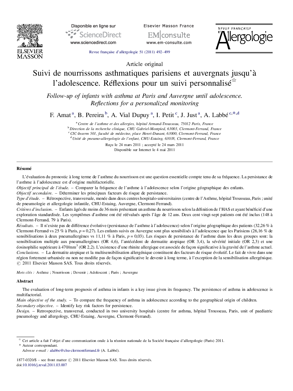 Suivi de nourrissons asthmatiques parisiens et auvergnats jusqu’à l’adolescence. Réflexions pour un suivi personnalisé 