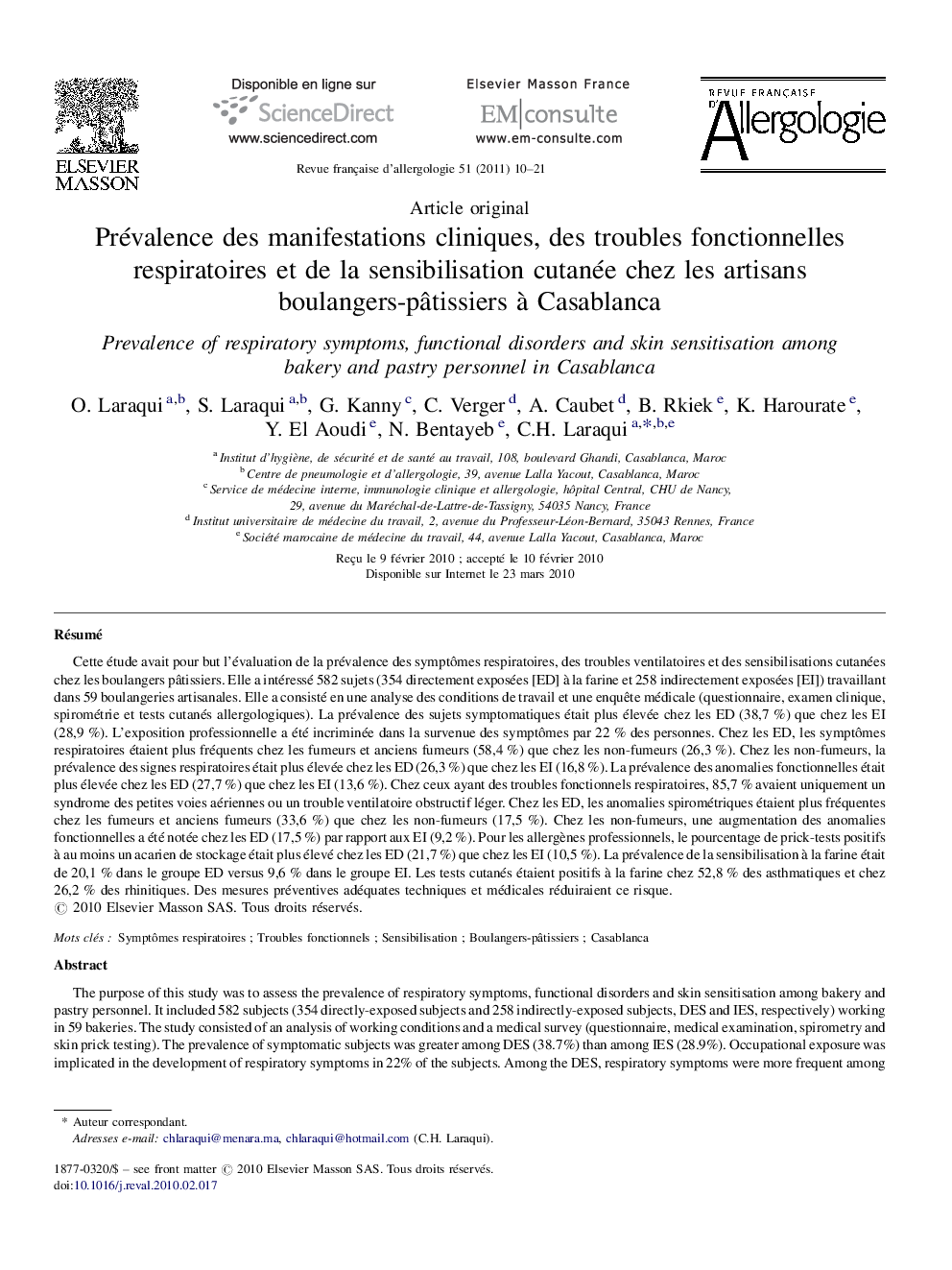 Prévalence des manifestations cliniques, des troubles fonctionnelles respiratoires et de la sensibilisation cutanée chez les artisans boulangers-pâtissiers à Casablanca