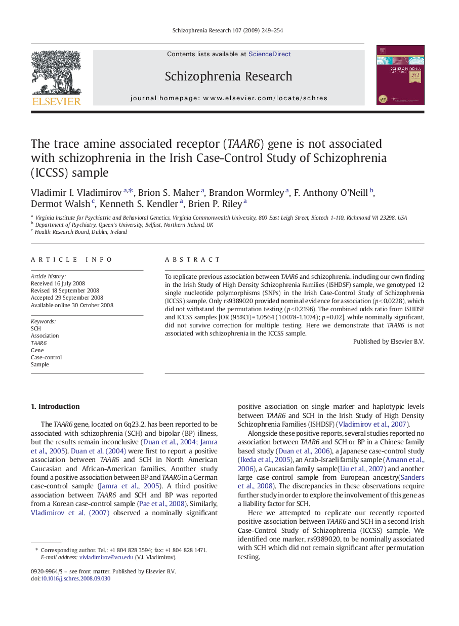 The trace amine associated receptor (TAAR6) gene is not associated with schizophrenia in the Irish Case-Control Study of Schizophrenia (ICCSS) sample