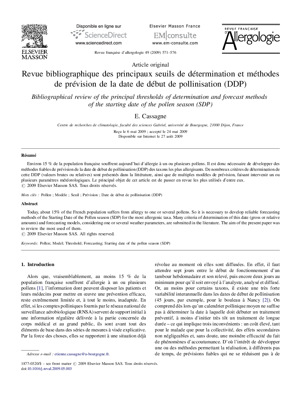 Revue bibliographique des principaux seuils de détermination et méthodes de prévision de la date de début de pollinisation (DDP)