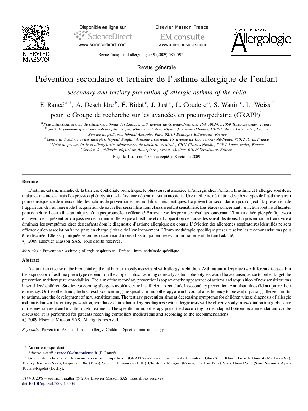 Prévention secondaire et tertiaire de l’asthme allergique de l’enfant