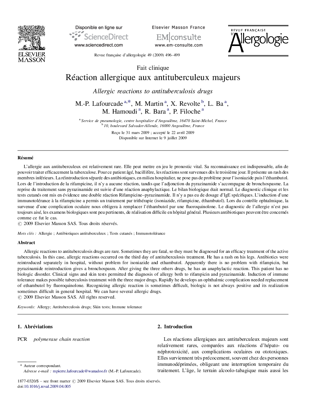 Réaction allergique aux antituberculeux majeurs