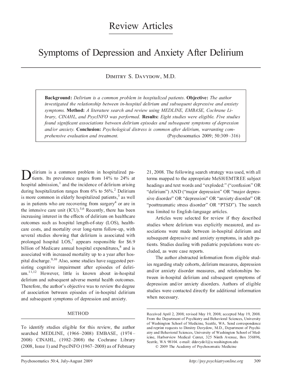 Symptoms of Depression and Anxiety After Delirium
