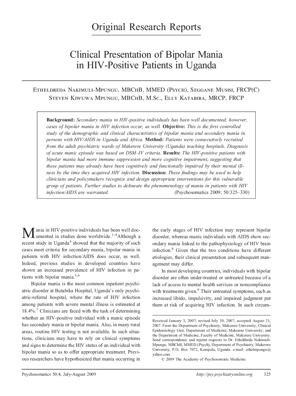 Clinical Presentation of Bipolar Mania in HIV-Positive Patients in Uganda