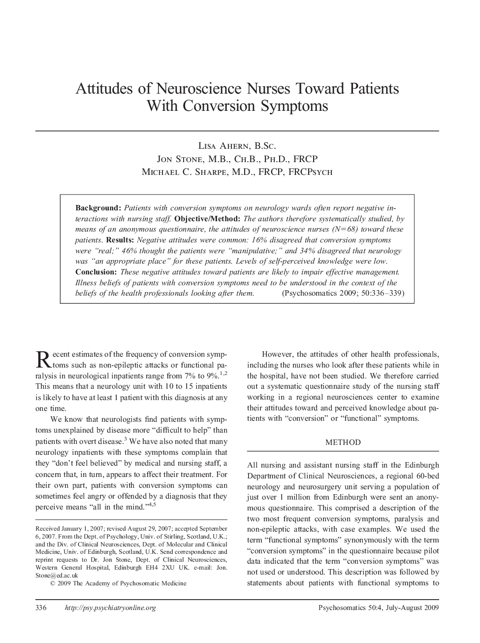 Attitudes of Neuroscience Nurses Toward Patients With Conversion Symptoms