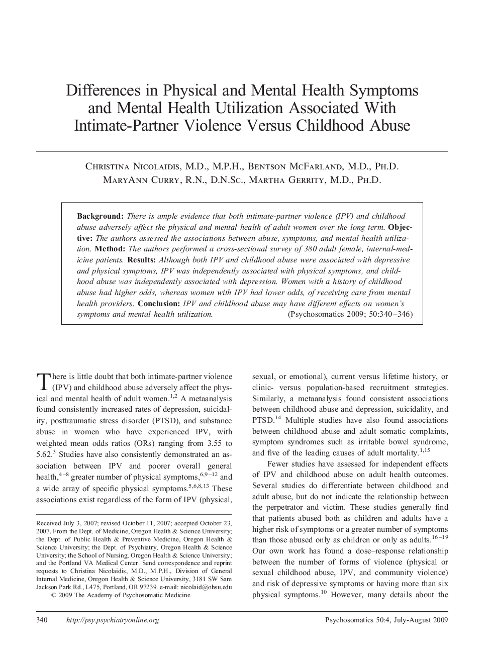 Differences in Physical and Mental Health Symptoms and Mental Health Utilization Associated With Intimate-Partner Violence Versus Childhood Abuse