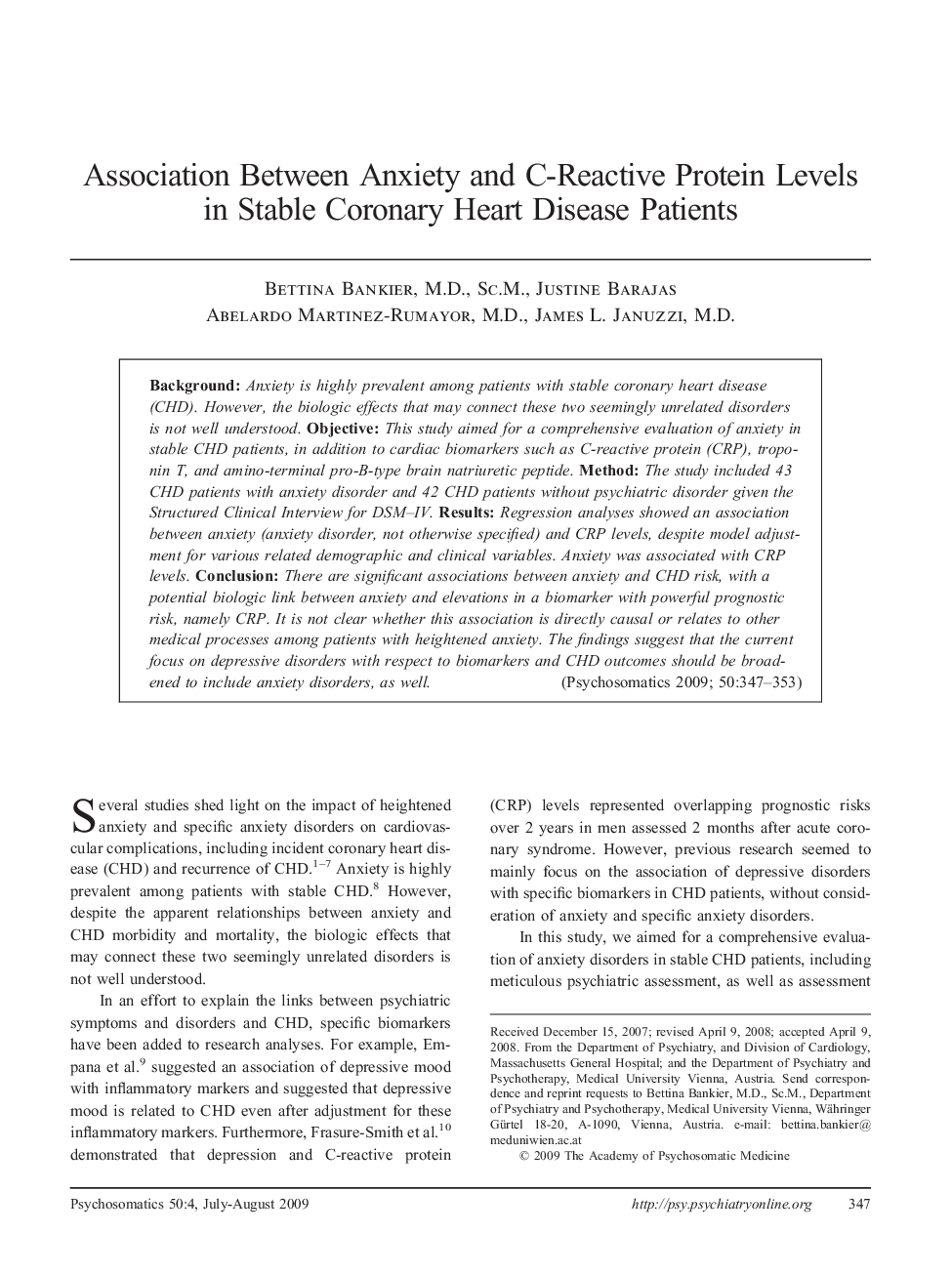 Association Between Anxiety and C-Reactive Protein Levels in Stable Coronary Heart Disease Patients