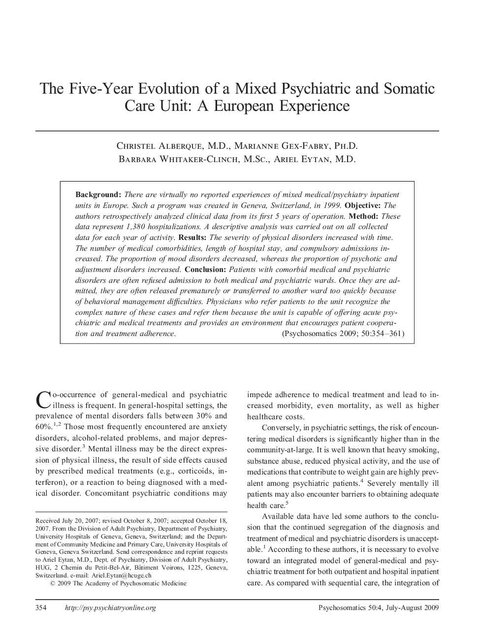 The Five-Year Evolution of a Mixed Psychiatric and Somatic Care Unit: A European Experience