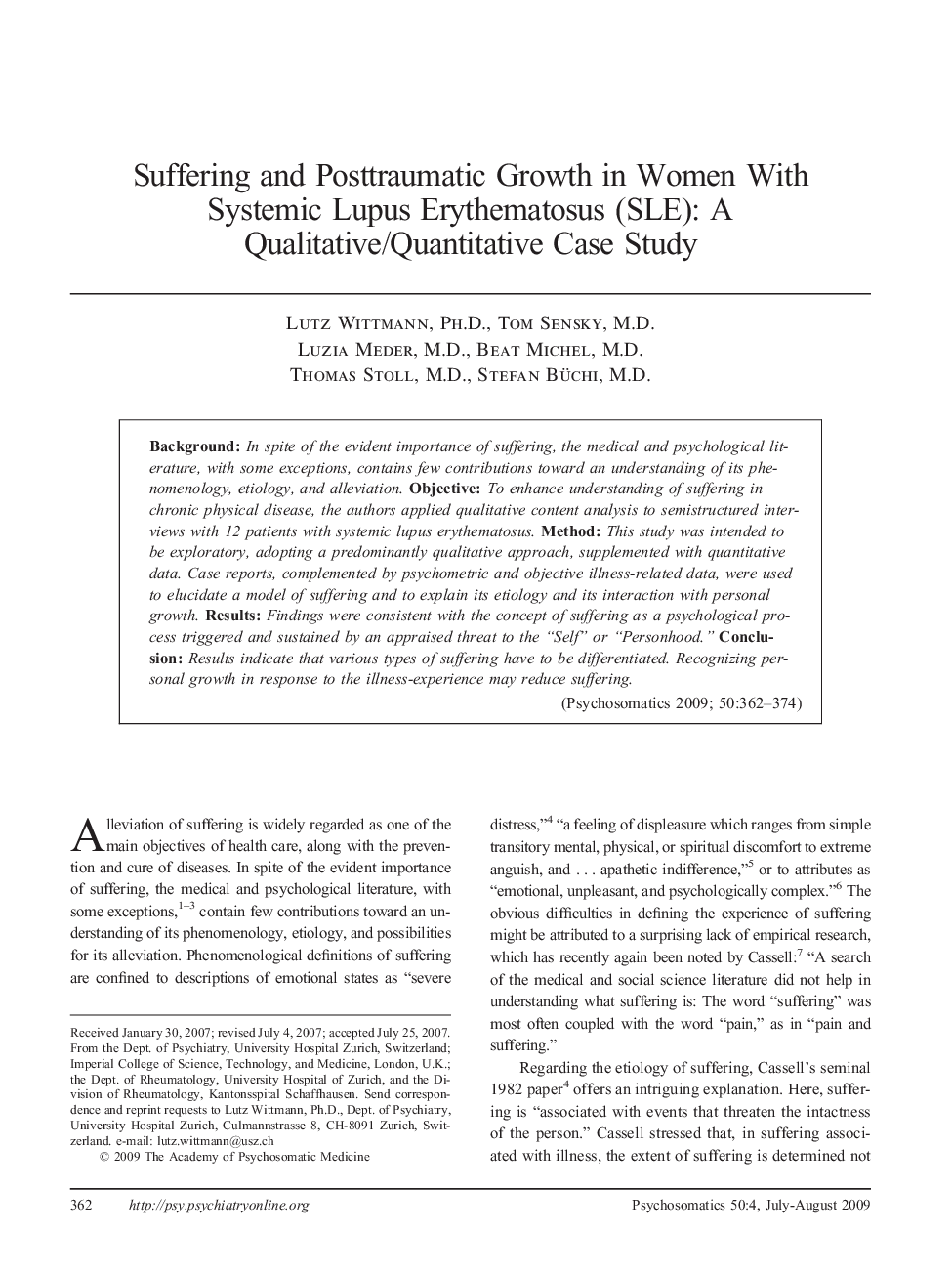 Suffering and Posttraumatic Growth in Women With Systemic Lupus Erythematosus (SLE): A Qualitative/Quantitative Case Study