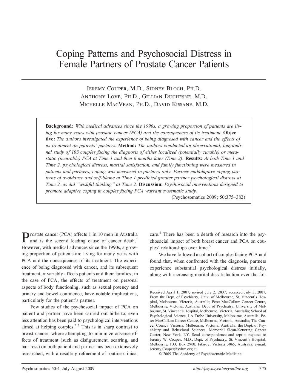 Coping Patterns and Psychosocial Distress in Female Partners of Prostate Cancer Patients