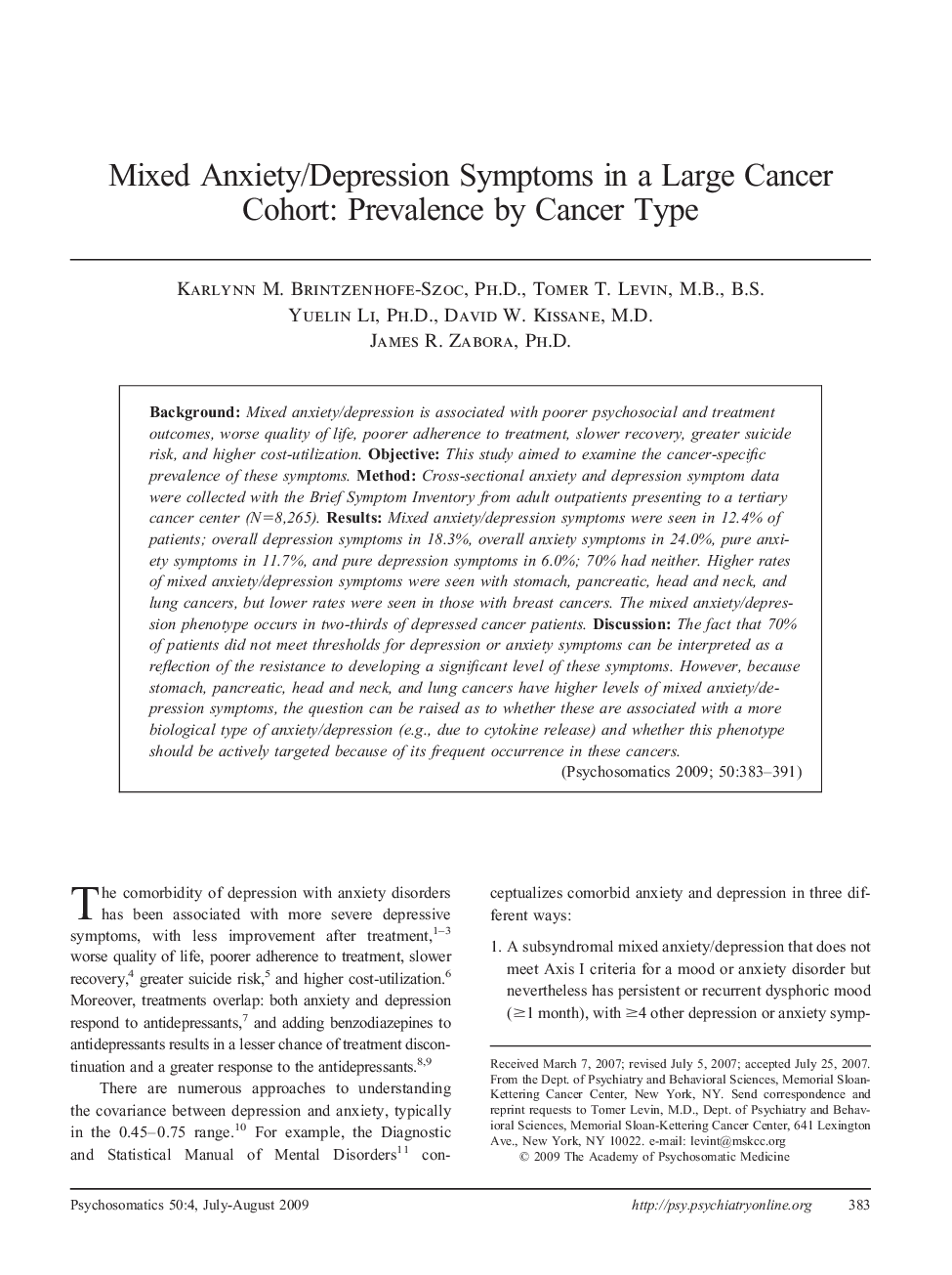 Mixed Anxiety/Depression Symptoms in a Large Cancer Cohort: Prevalence by Cancer Type