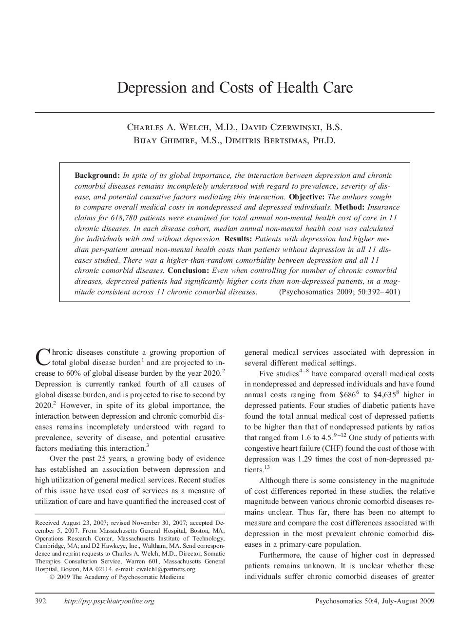 Depression and Costs of Health Care