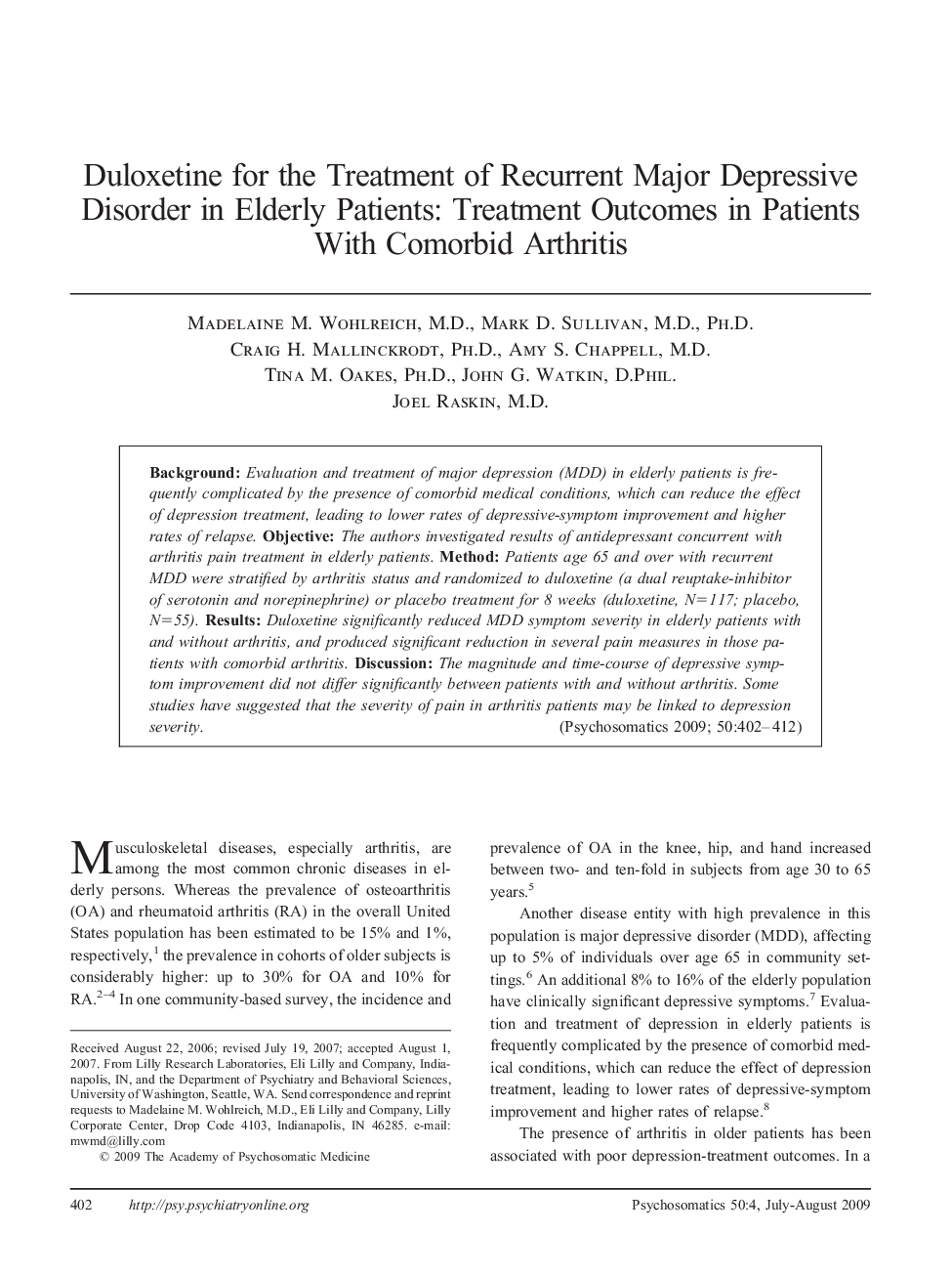 Duloxetine for the Treatment of Recurrent Major Depressive Disorder in Elderly Patients: Treatment Outcomes in Patients With Comorbid Arthritis